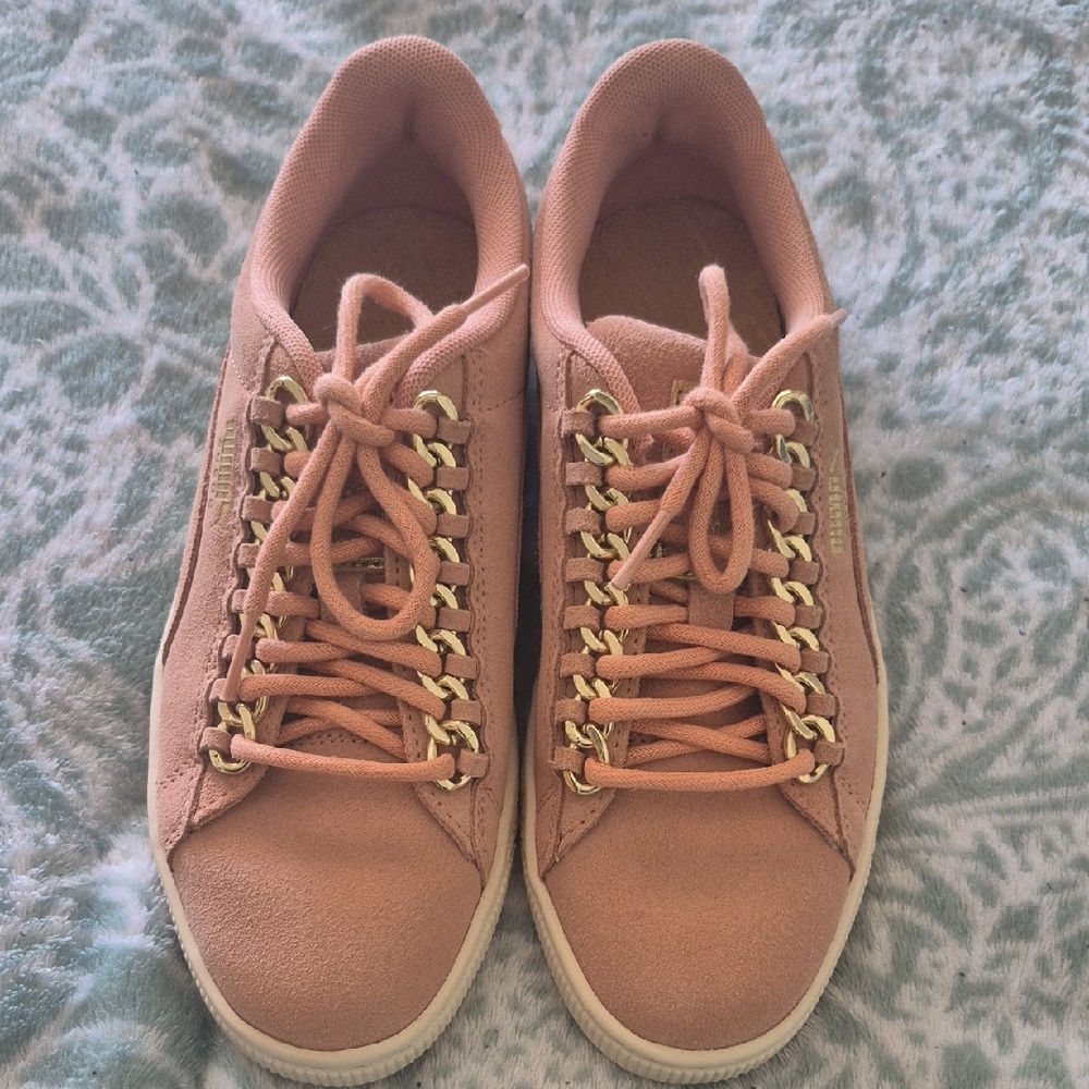 Puma Pink Suede Low-Top Sneakers with Gold Accents